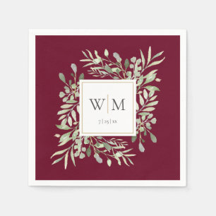 Elegant Burgundy Greenery Gold Monogram Napkin