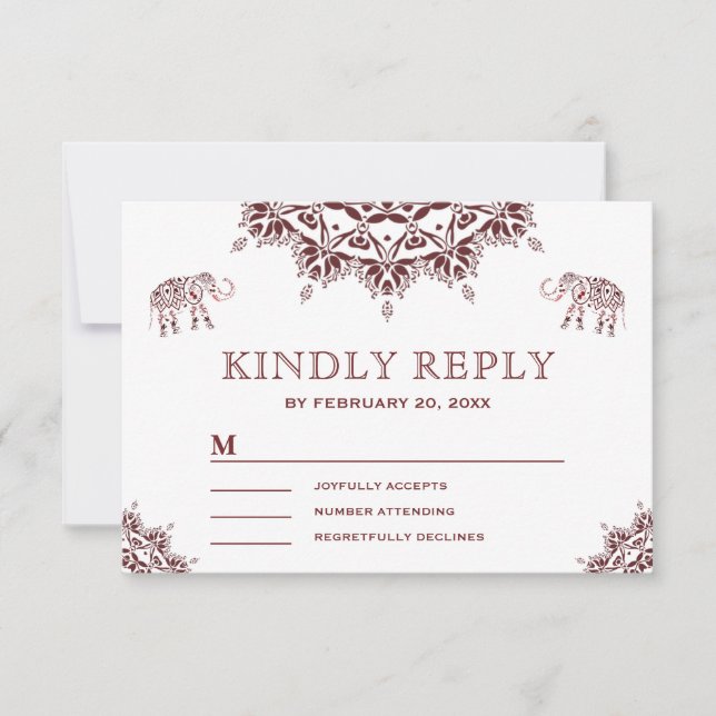 Elegant Burgundy Henna Indian RSVP Card (Front)