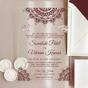 Elegant Burgundy Henna Indian Wedding Acrylic Invitations
