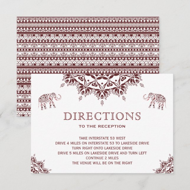 Elegant Burgundy Henna Indian Wedding Directions Invitation (Front/Back)