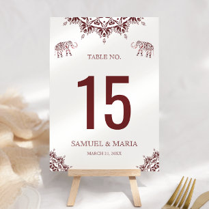Elegant Burgundy Henna Indian Wedding Table Number