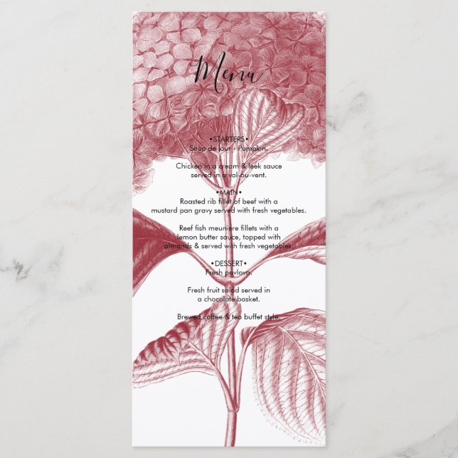 Elegant Burgundy Hydrangea Wedding  Menu (Front)