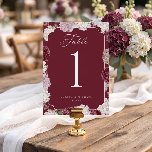 Elegant Burgundy Hydrangea Wedding Table Numbers (Burgundy hydrangea wedding table number with vintage florals for fall or winter weddings)