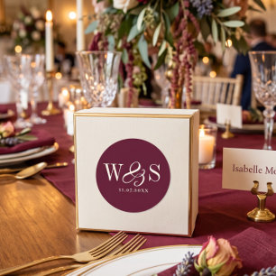 Elegant burgundy initial wedding couples classic round sticker