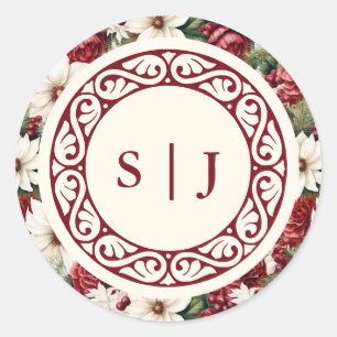 Elegant Burgundy Ivory Floral Monogram Wedding Classic Round Sticker