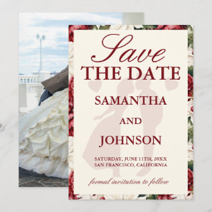 Elegant Burgundy Ivory Floral Photo Wedding Save The Date