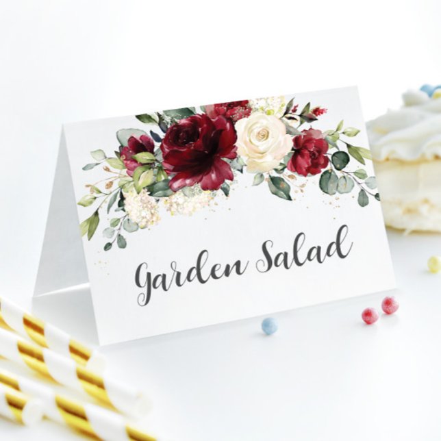 Elegant Burgundy Ivory Floral Wedding Food Tent Card (Creator Uploaded)