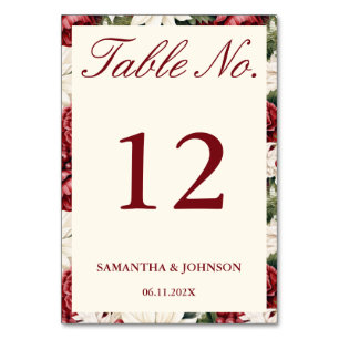 Elegant Burgundy Ivory Floral Wedding Table Number