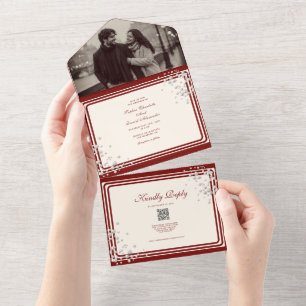 Elegant Burgundy Ivory Photo QR Code Wedding All In One Invitation