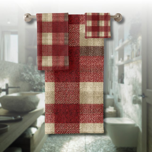 Elegant Burgundy Ivory Rust Red Plaid Pattern Bath Towel Set (Creator Uploaded)