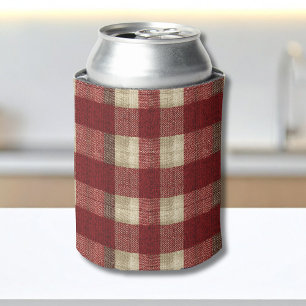 Elegant Burgundy Ivory Rust Red Plaid Pattern Can Cooler