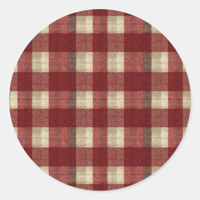 Elegant Burgundy Ivory Rust Red Plaid Pattern Classic Round Sticker (Front)