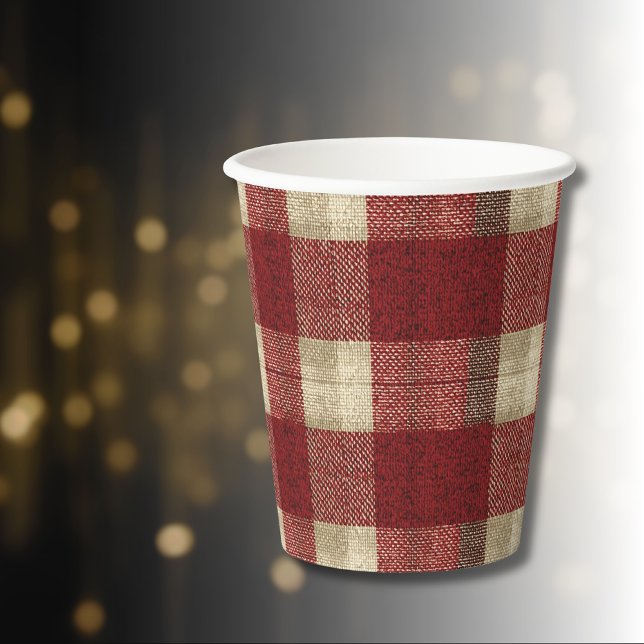 Elegant Burgundy Ivory Rust Red Plaid Pattern Paper Cups (Creator Uploaded)