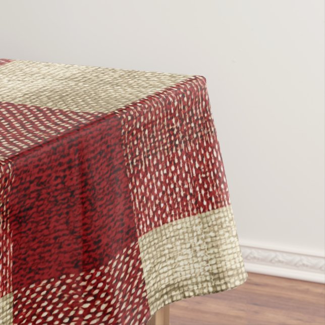 Elegant Burgundy Ivory Rust Red Plaid Pattern Tablecloth (In Situ)