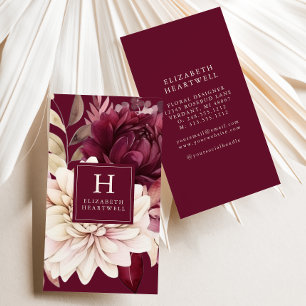 Elegant Burgundy Ivory Watercolor Floral Monogram Business Card