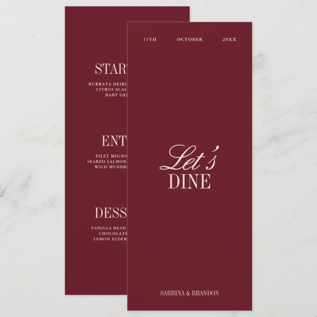 Elegant Burgundy & Ivory Wedding Dinner Menu Card (Front/Back)