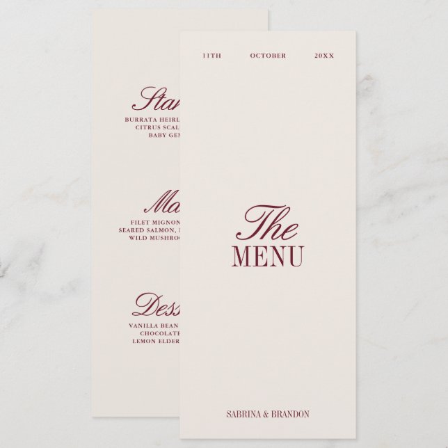 Elegant Burgundy & Ivory Wedding Dinner Menu Card (Front/Back)