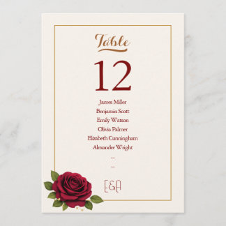Elegant Burgundy & Ivory Wedding Table Number
