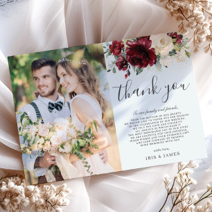 Elegant Burgundy Ivory White Floral Wedding Photo Thank You Card