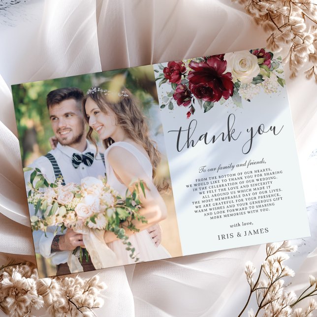 Elegant Burgundy Ivory White Floral Wedding Photo Thank You Card (Creator Uploaded)