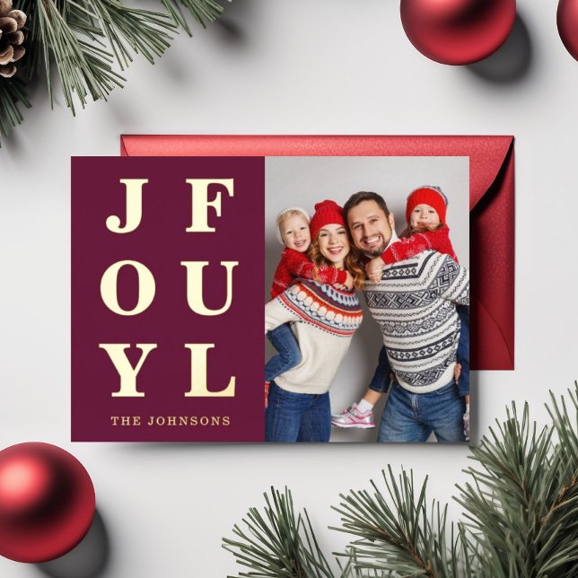 Elegant Burgundy Joyful One Photo Christmas Gold (Elegant Burgundy Joyful One Photo Christmas Gold Foil Holiday Card)
