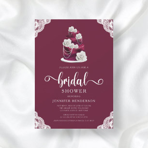 Elegant Burgundy Lace Wedding Cake Bridal Shower Invitation