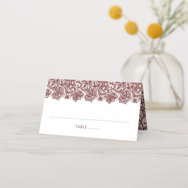 Elegant Burgundy Lace Wedding Place Card (Front)