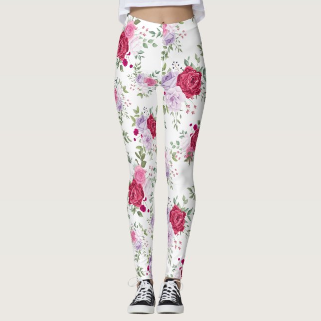 Elegant Burgundy & Lavender Floral Garden Pattern Leggings (Front)