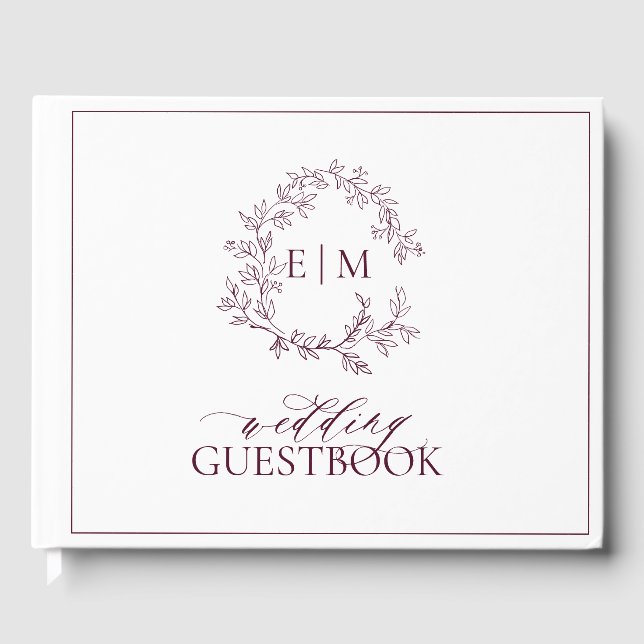 Elegant Burgundy Leafy Crest Monogram Wedding Guest Book (Front)