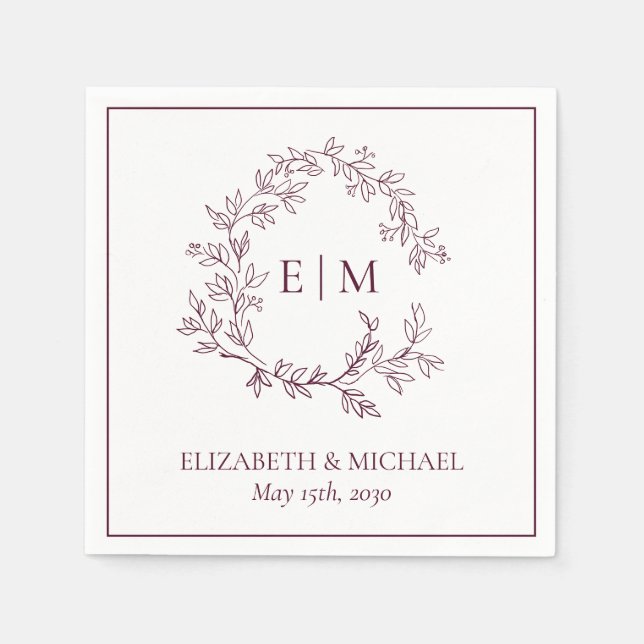 Elegant Burgundy Leafy Crest Monogram Wedding Napkin (Front)