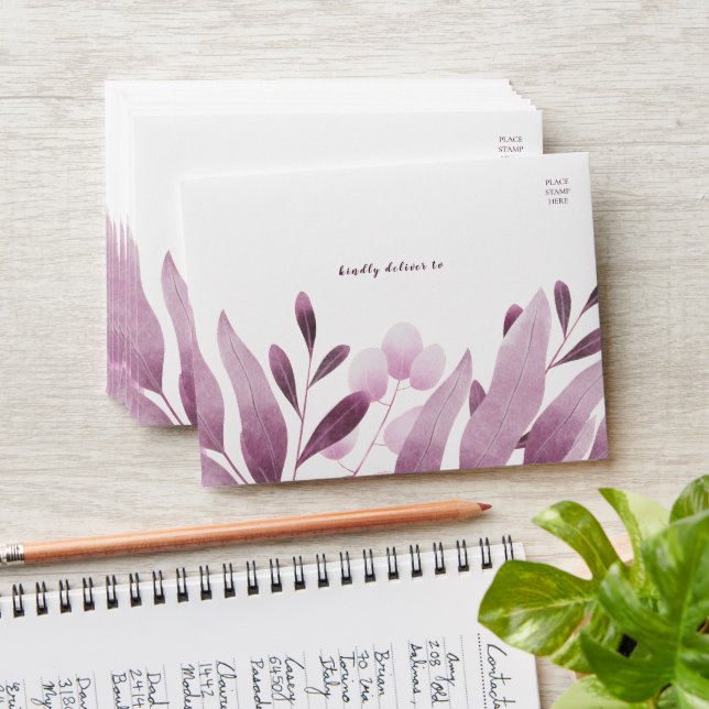 Elegant Burgundy Leaves Wedding Return Address  Envelope (Stacked)