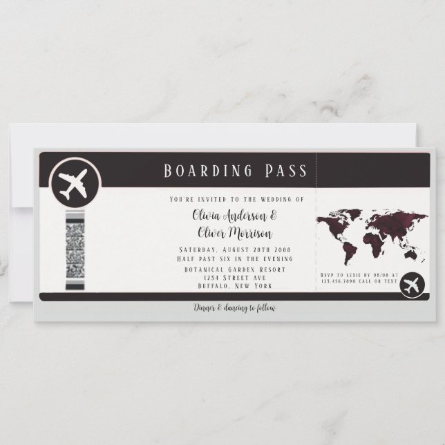 Elegant Burgundy Map Boarding Pass Wedding Invitation (Front)
