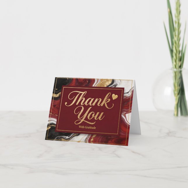 Elegant Burgundy Marble & Gold Thank You  Card (Front)