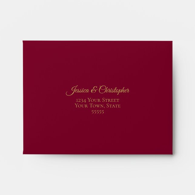 Elegant Burgundy Maroon and Gold Lace Wedding RSVP Envelope (Front)