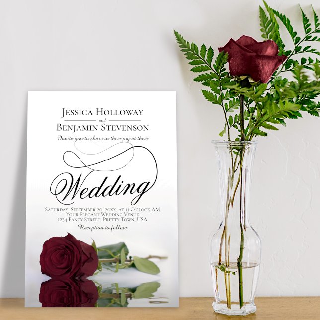 Elegant Burgundy Maroon Rose Classy Script Wedding Invitation (Creator Uploaded)