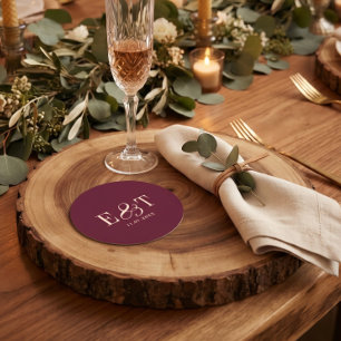 Elegant Burgundy Maroon Wedding Couples Initials Round Paper Coaster