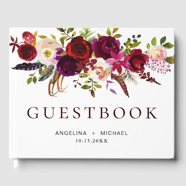 Elegant Burgundy Marsala Bohemian Floral Wedding Guest Book (Front)