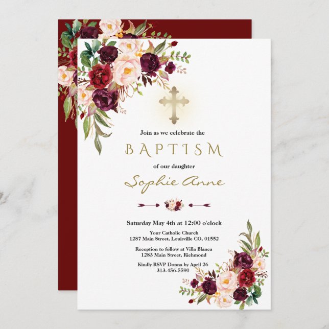 Elegant Burgundy Marsala Floral Cross Baptism Invitation (Front/Back)