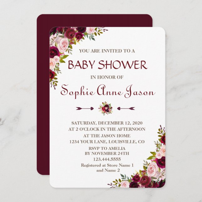 Elegant Burgundy Marsala Floral Fall Baby Shower Invitation (Front/Back)