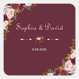 Elegant Burgundy Marsala Floral Wedding Square Sticker