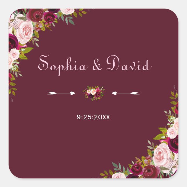 Elegant Burgundy Marsala Floral Wedding Square Sticker (Front)