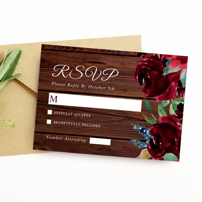 Elegant Burgundy & Marsala Flowers Wood Wedding RSVP Card (Creator Uploaded)