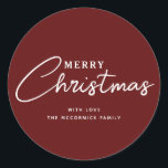 Elegant Burgundy Merry Christmas Script Name Classic Round Sticker<br><div class="desc">Add a moody touch to your holiday wrapping and more with these Elegant Burgundy Merry Christmas Script Name Classic Round Stickers. Each is designed with text "Merry Christmas" in white letters on dark burgundy. The font is hand script lettering mixed with simple easy to read letters. Personalised with family signature...</div>