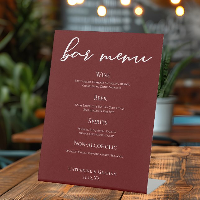 Elegant Burgundy Minimalist Wedding Bar Menu Pedestal Sign (Creator Uploaded)