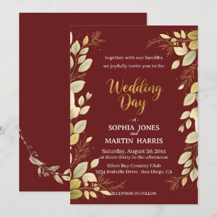 Elegant Burgundy Modern Gold Botanical Wedding Invitation