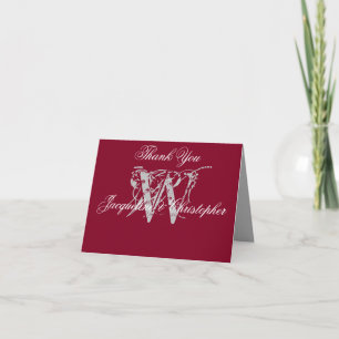 Elegant Burgundy Monogram Blank Wedding Folded Thank You Card