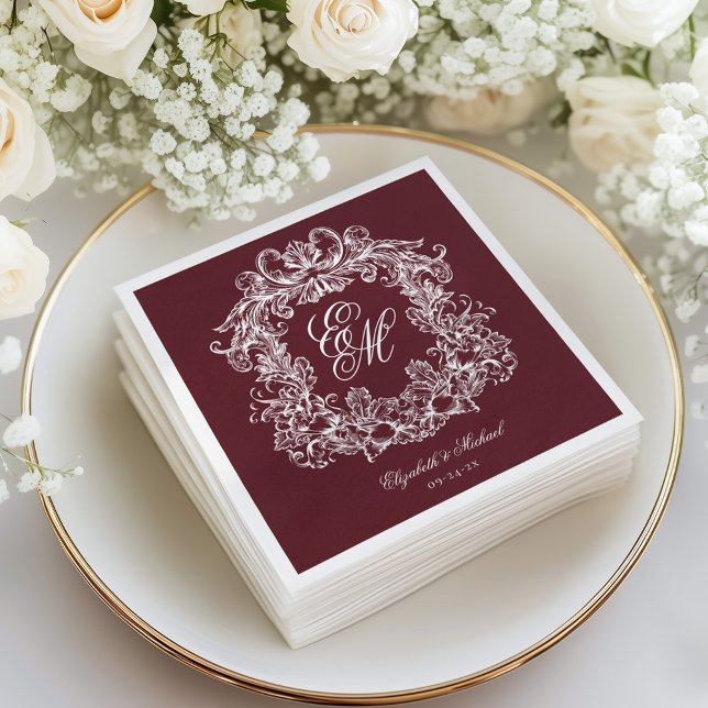 Elegant Burgundy Monogram Crest Script Wedding Napkin (Creator Uploaded)
