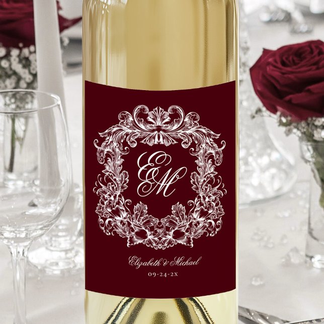 Elegant Burgundy Monogram Crest Vintage Wedding Wine Label (Creator Uploaded)