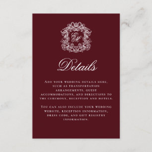 Elegant Burgundy Monogram Crest Wedding Details Enclosure Card