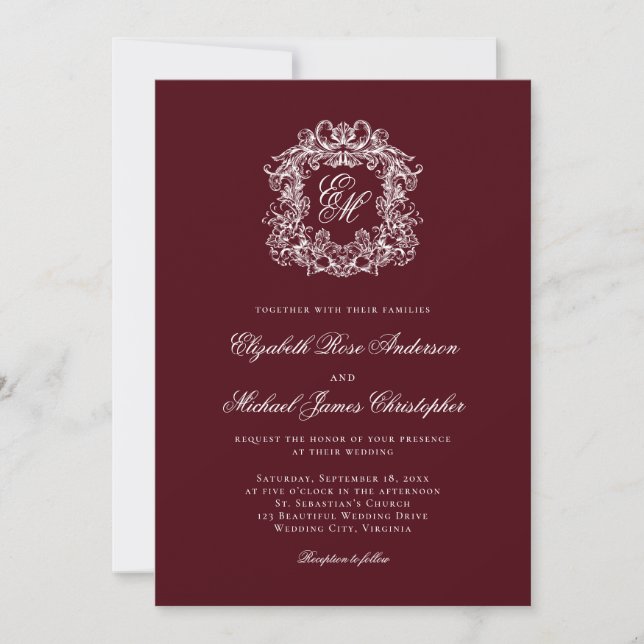 Elegant Burgundy Monogram Crest Wedding Invitation (Front)